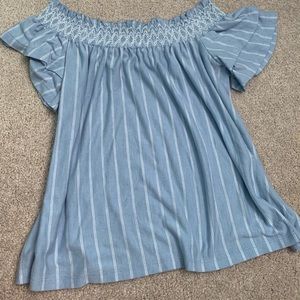Light blue and white striped off the shoulder top